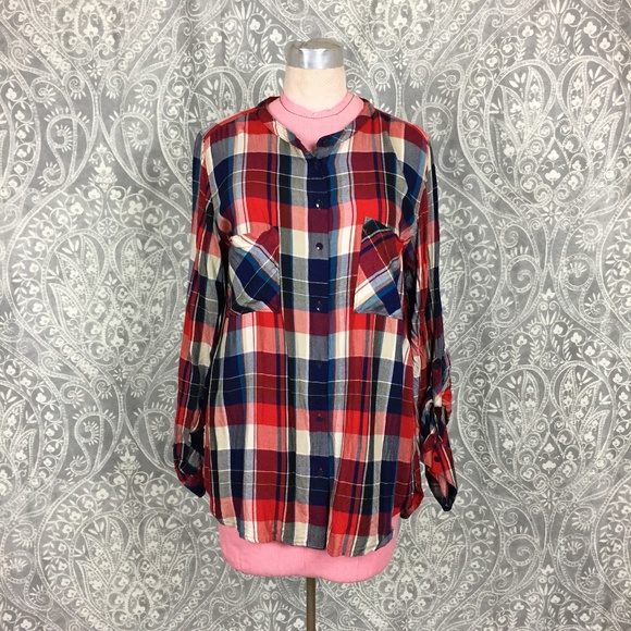 C&C California Tops - C&C California Plaid Flannel Collarless Buttondown